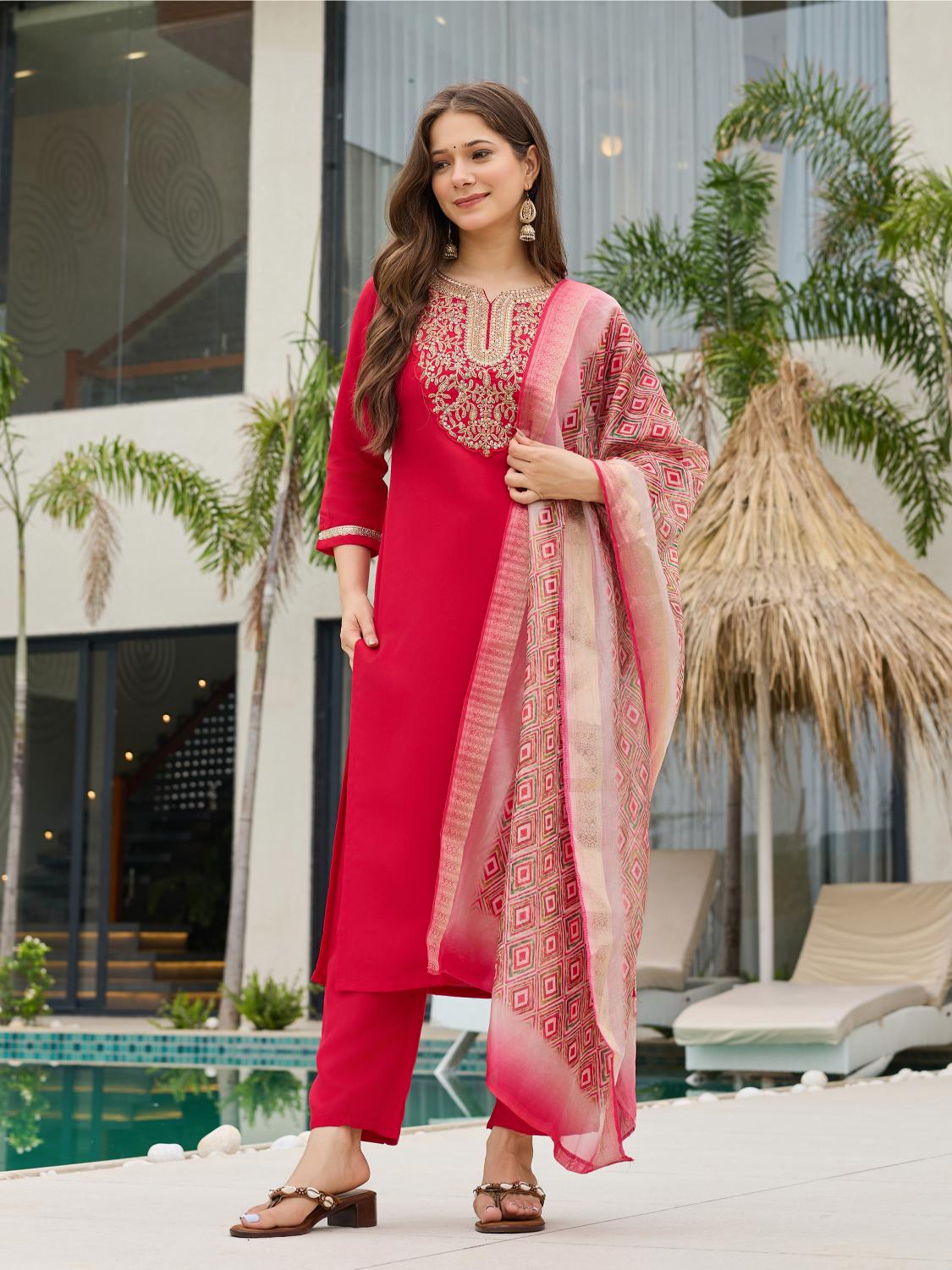 The52 Women's Beautiful Rayon Embroidery work Straight Kurta with Pant and Dupatta Set | Grocsy