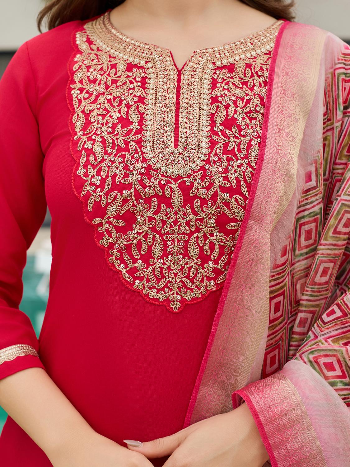 The52 Women's Beautiful Rayon Embroidery work Straight Kurta with Pant and Dupatta Set | Grocsy