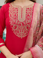 The52 Women's Beautiful Rayon Embroidery work Straight Kurta with Pant and Dupatta Set | Grocsy