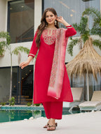 The52 Women's Beautiful Rayon Embroidery work Straight Kurta with Pant and Dupatta Set | Grocsy