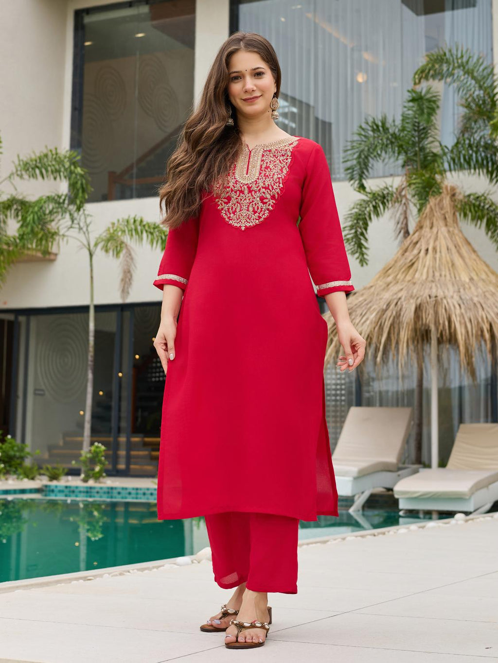 The52 Women's Beautiful Rayon Embroidery work Straight Kurta with Pant and Dupatta Set | Grocsy