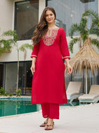 The52 Women's Beautiful Rayon Embroidery work Straight Kurta with Pant and Dupatta Set | Grocsy