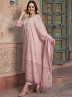 Sangria Mauve coloured Floral Printed Pure Cotton Kurta with Churidar & With Dupatta | Grocsy
