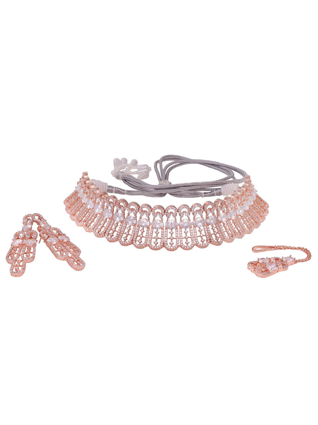 Saraf RS Jewellery Rose Gold-Polished White AD Studded Jewellery Set With Maang Tika | Grocsy