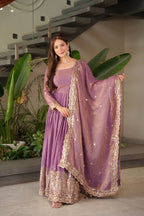 Lorenvalley Fashion Lavender Fendy Satin Embroidery Sequins Work Anarkali Gown with Dupatta | Grocsy