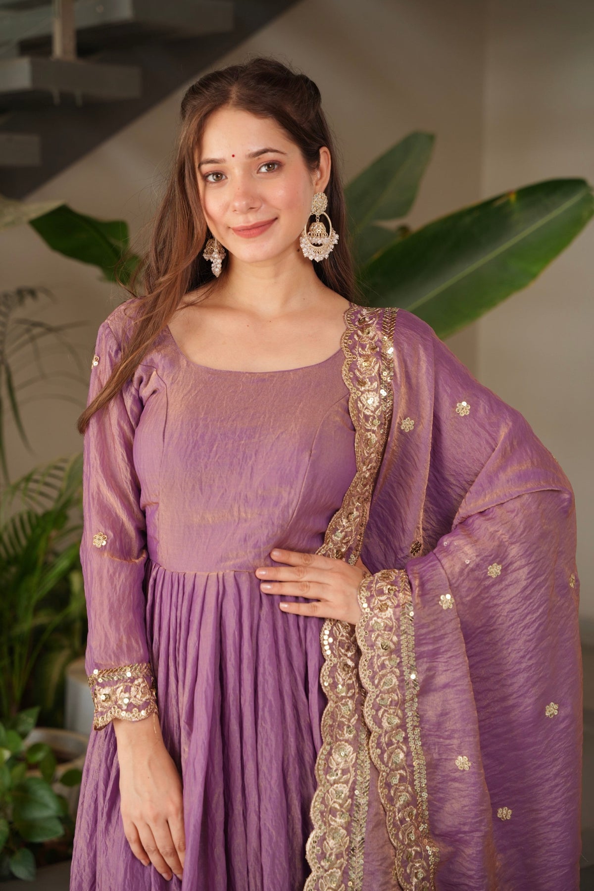 Lorenvalley Fashion Lavender Fendy Satin Embroidery Sequins Work Anarkali Gown with Dupatta | Grocsy