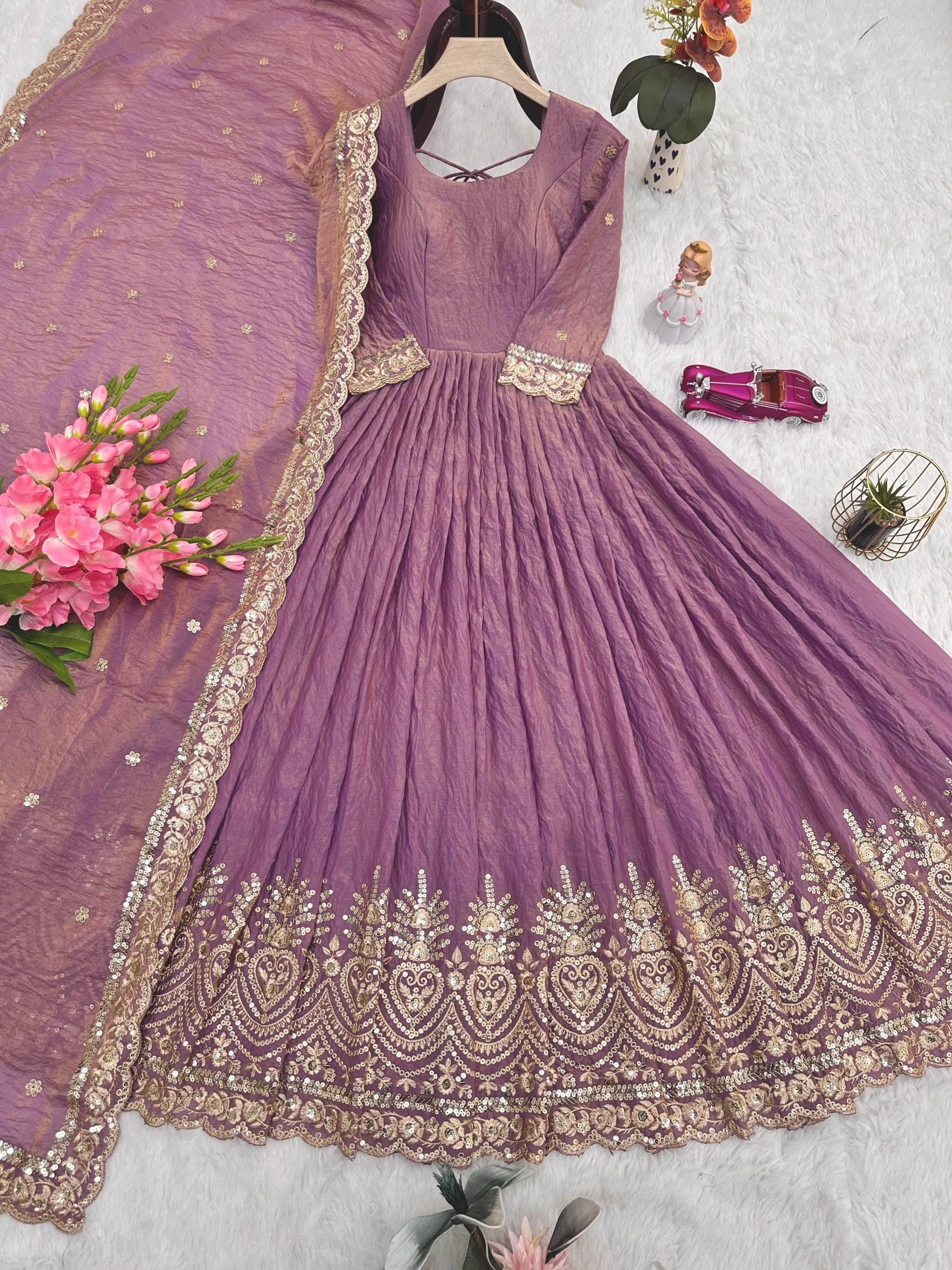 Lorenvalley Fashion Lavender Fendy Satin Embroidery Sequins Work Anarkali Gown with Dupatta | Grocsy