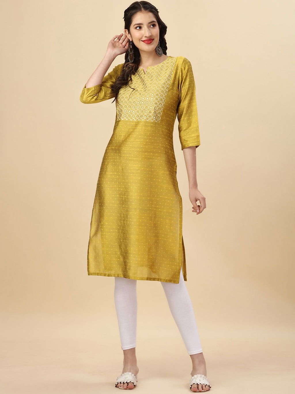 HERE&NOW Yellow Woven Design Mirror Work Straight Kurta | Grocsy