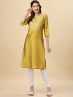 HERE&NOW Yellow Woven Design Mirror Work Straight Kurta | Grocsy