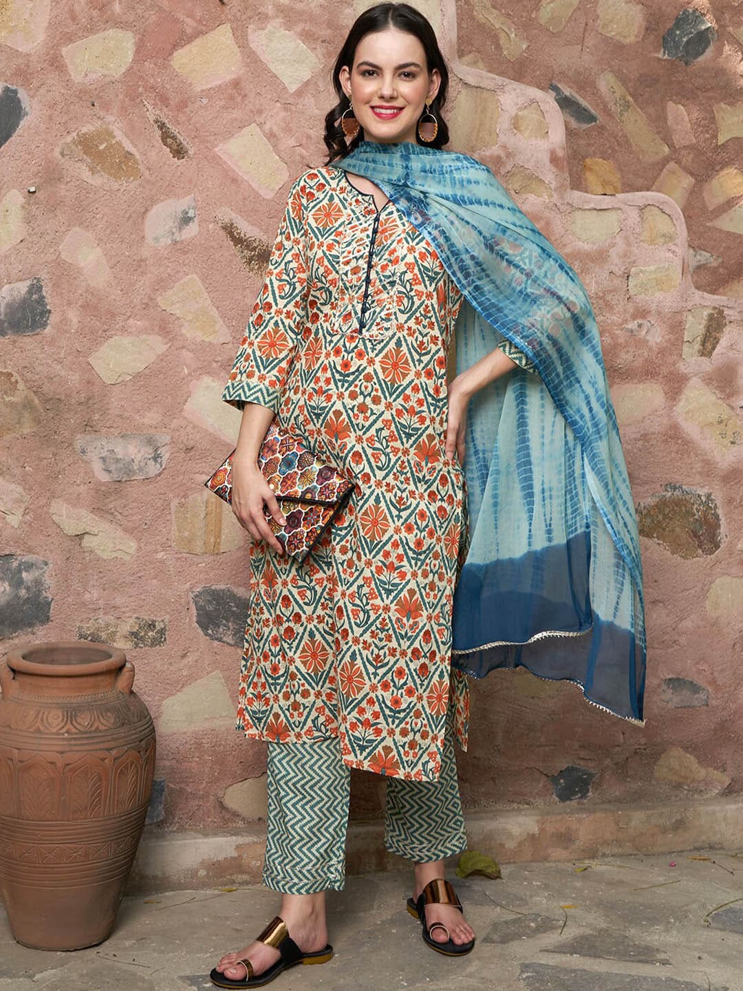 Sangria Printed Regular Pure Cotton Kurta with Trousers & With Dupatta | Grocsy