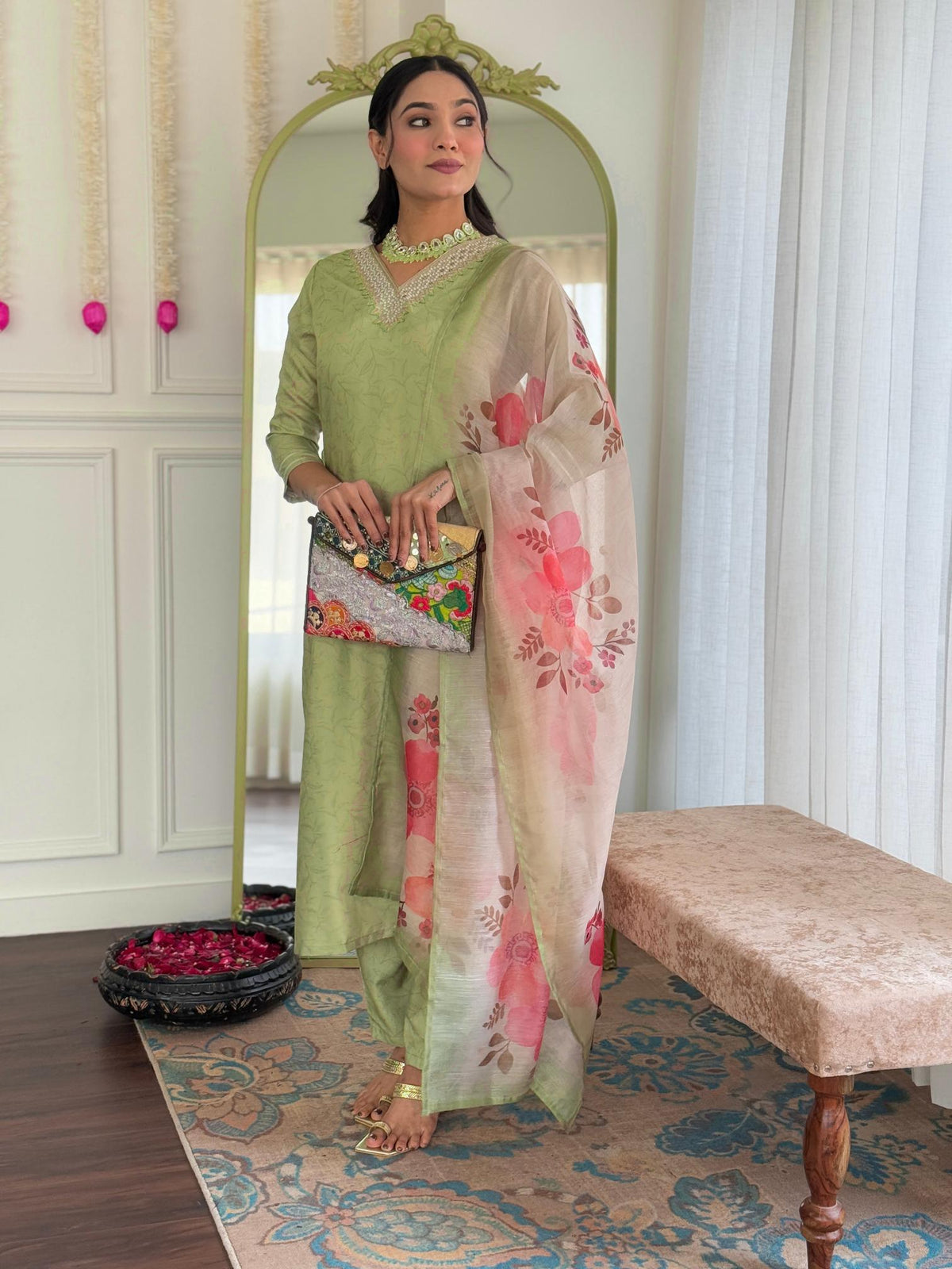 The52 Beautiful Women's Rayon Fabric Straight Kurta, Pant and Dupatta Set | Grocsy