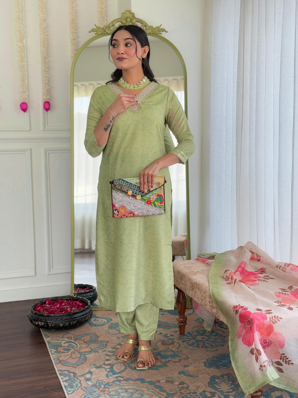The52 Beautiful Women's Rayon Fabric Straight Kurta, Pant and Dupatta Set | Grocsy