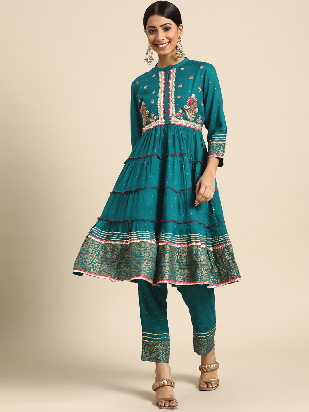 Sangria Women Teal Green & Golden Floral Embroidered Kurta with Trousers | Grocsy