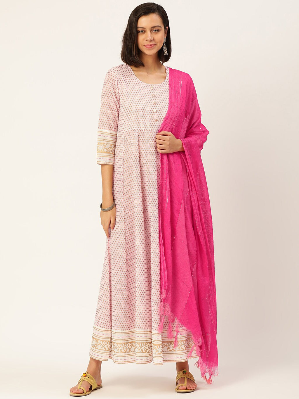 HERE&NOW Printed Anarkali Cotton Kurta With Dupatta | Grocsy