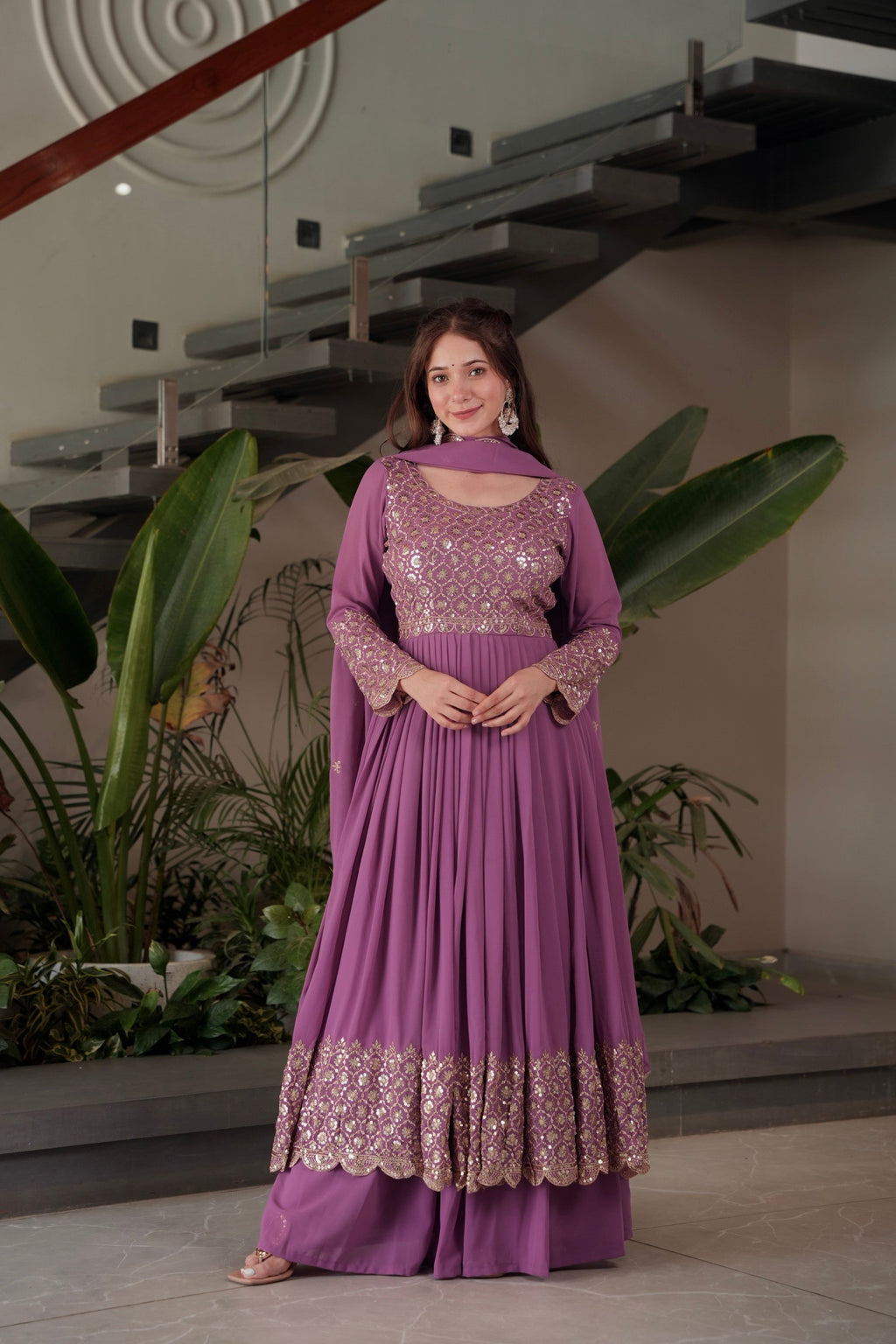 Lorenvalley Fashion Lavender Faux Georgette Embroidery & Sequins Work Anarkali Gown Sharara with Dupatta | Grocsy
