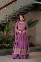 Lorenvalley Fashion Lavender Faux Georgette Embroidery & Sequins Work Anarkali Gown Sharara with Dupatta | Grocsy