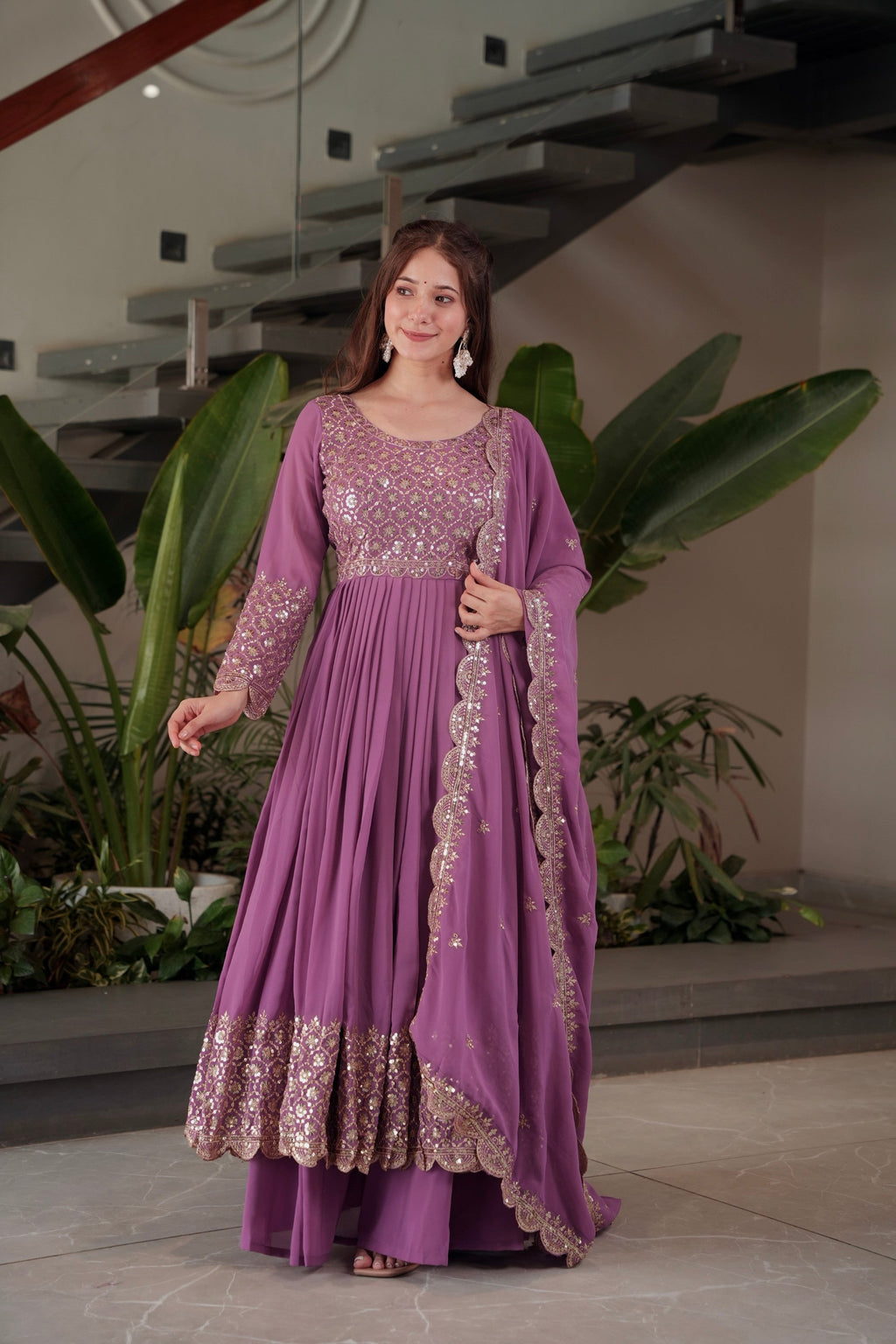 Lorenvalley Fashion Lavender Faux Georgette Embroidery & Sequins Work Anarkali Gown Sharara with Dupatta | Grocsy