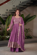 Lorenvalley Fashion Lavender Faux Georgette Embroidery & Sequins Work Anarkali Gown Sharara with Dupatta | Grocsy