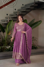 Lorenvalley Fashion Lavender Faux Georgette Embroidery & Sequins Work Anarkali Gown Sharara with Dupatta | Grocsy