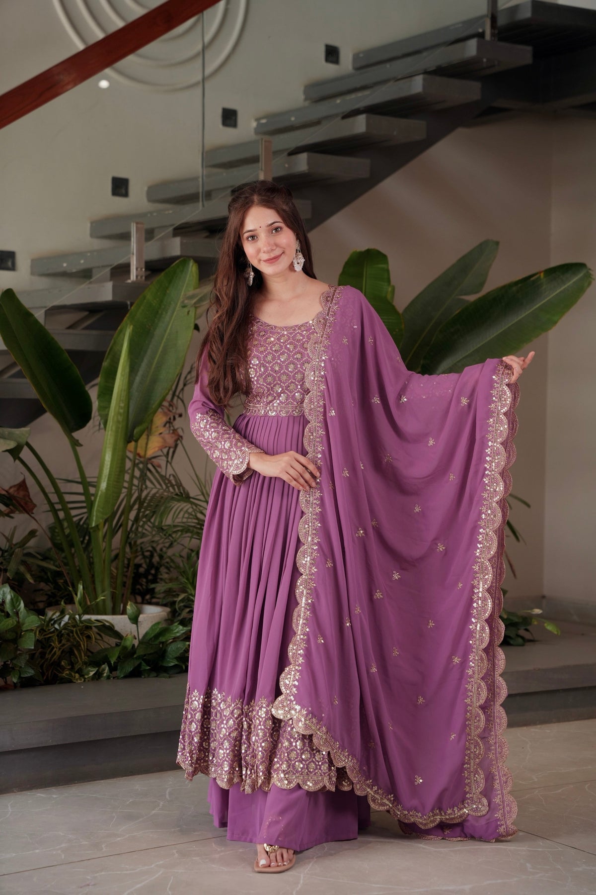 Lorenvalley Fashion Lavender Faux Georgette Embroidery & Sequins Work Anarkali Gown Sharara with Dupatta | Grocsy