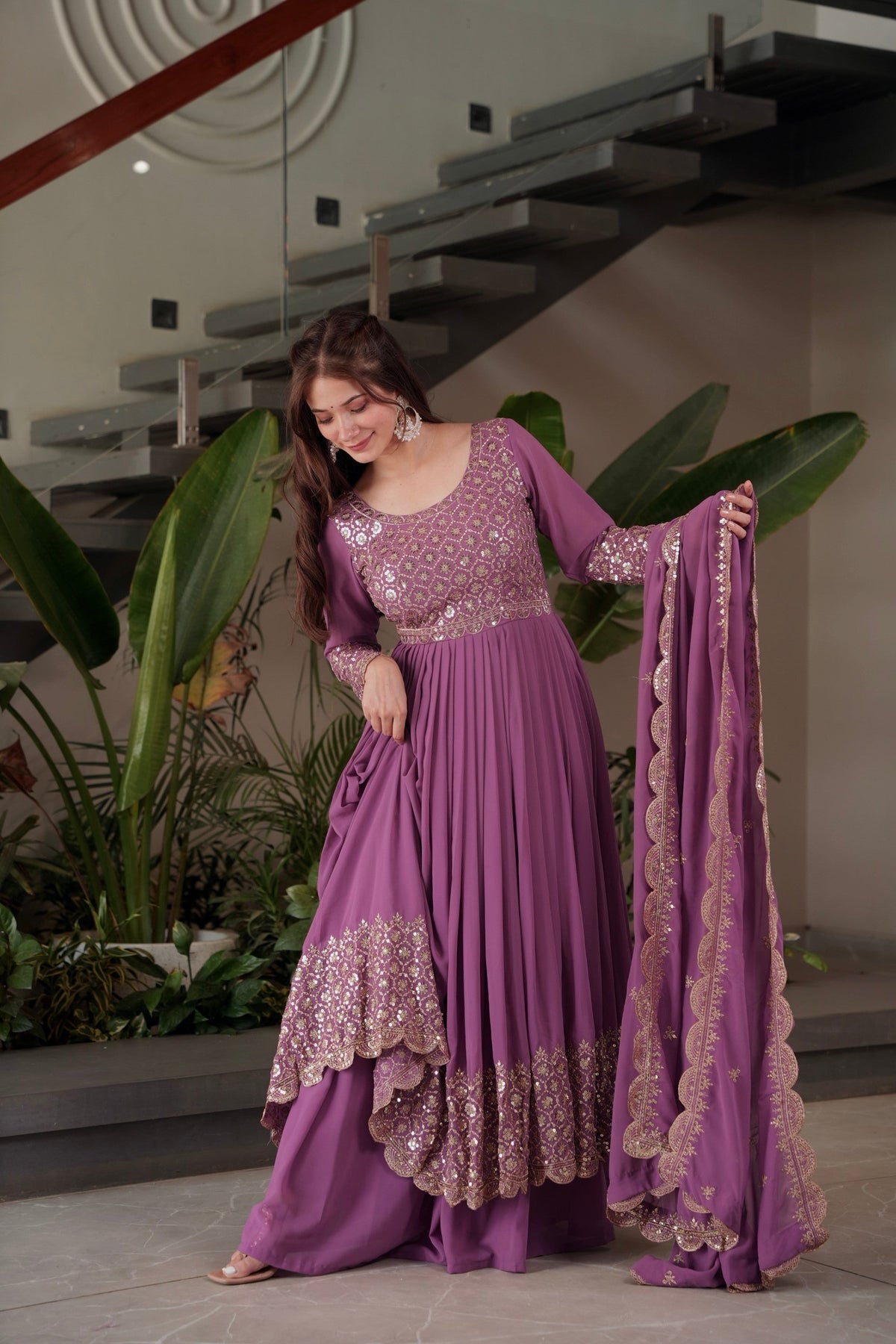 Lorenvalley Fashion Lavender Faux Georgette Embroidery & Sequins Work Anarkali Gown Sharara with Dupatta | Grocsy