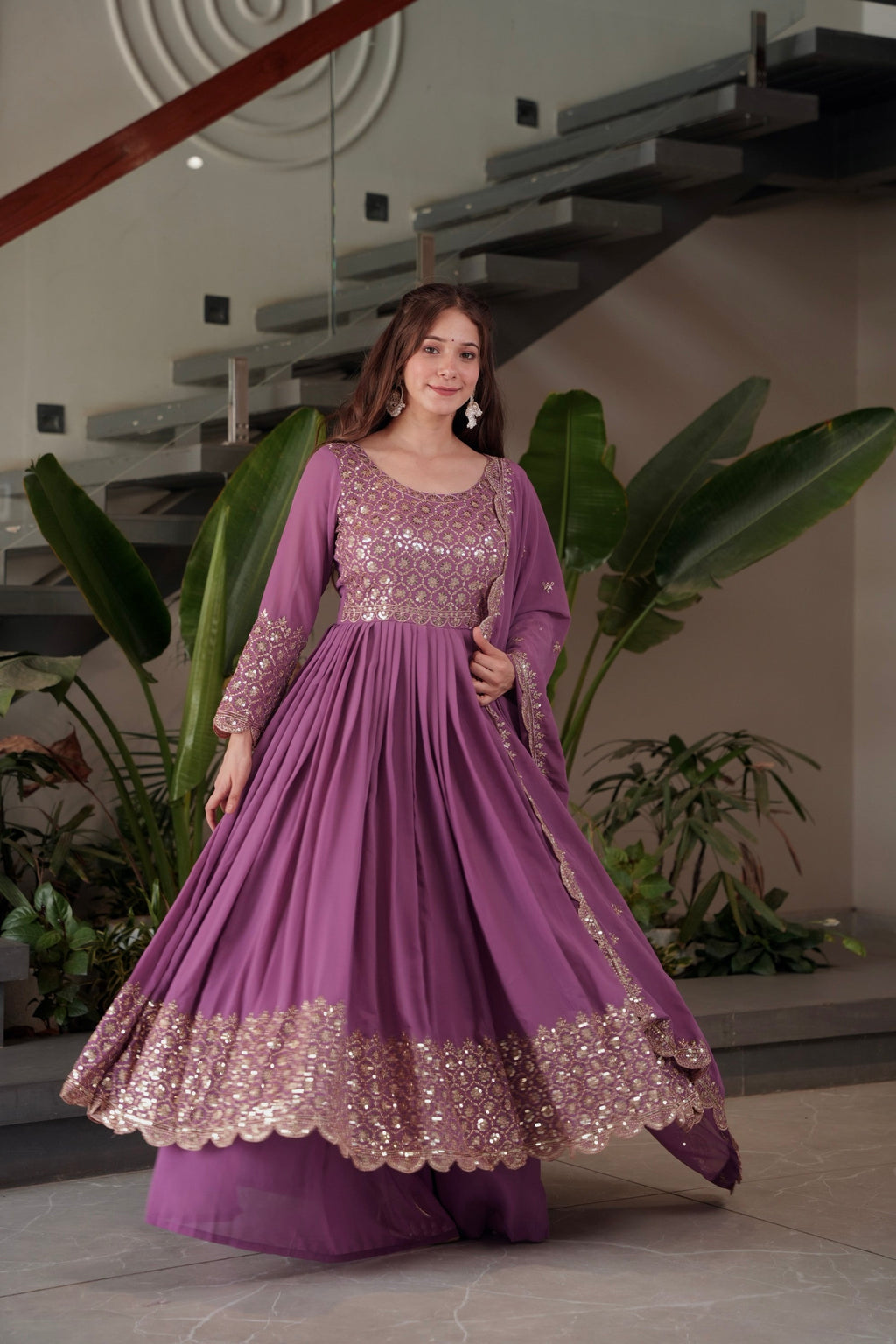 Lorenvalley Fashion Lavender Faux Georgette Embroidery & Sequins Work Anarkali Gown Sharara with Dupatta | Grocsy