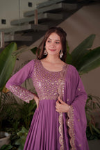 Lorenvalley Fashion Lavender Faux Georgette Embroidery & Sequins Work Anarkali Gown Sharara with Dupatta | Grocsy