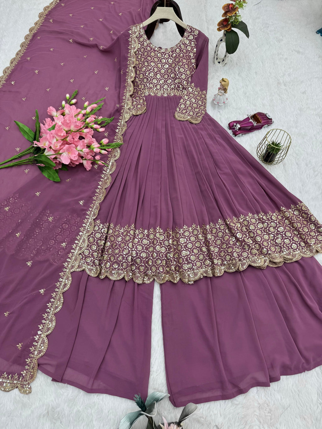 Lorenvalley Fashion Lavender Faux Georgette Embroidery & Sequins Work Anarkali Gown Sharara with Dupatta | Grocsy