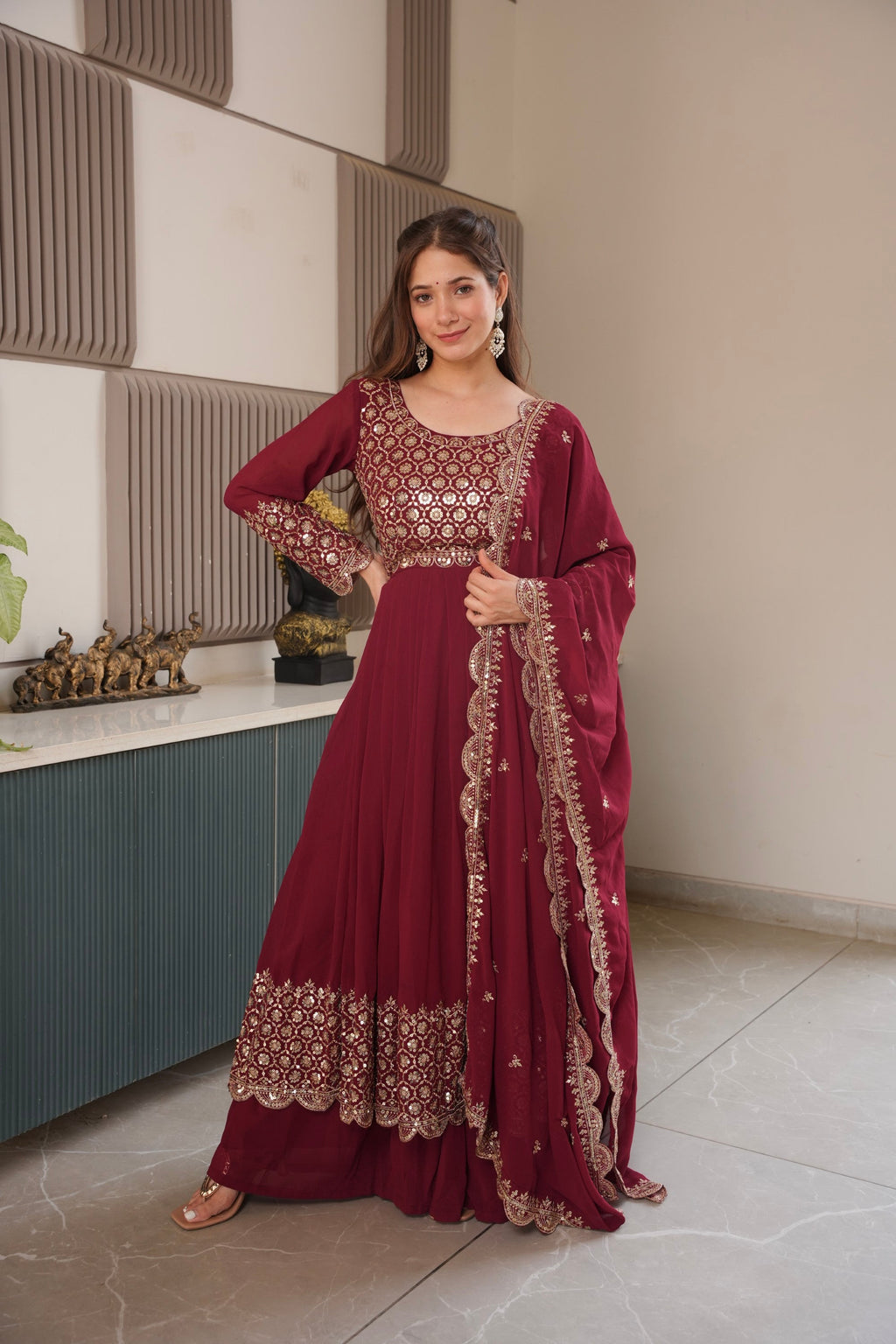 Lorenvalley Fashion Maroon Faux Georgette Embroidery & Sequins Work Anarkali Gown Sharara with Dupatta | Grocsy