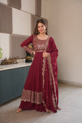 Lorenvalley Fashion Maroon Faux Georgette Embroidery & Sequins Work Anarkali Gown Sharara with Dupatta | Grocsy