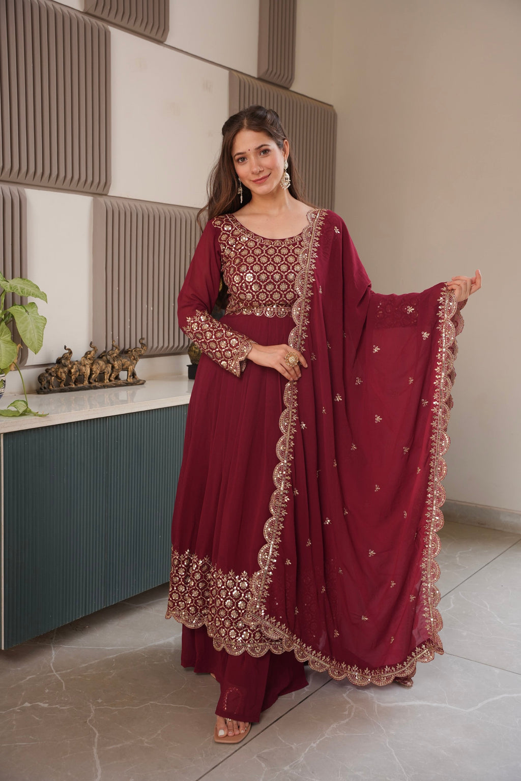 Lorenvalley Fashion Maroon Faux Georgette Embroidery & Sequins Work Anarkali Gown Sharara with Dupatta | Grocsy