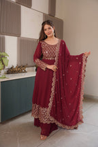 Lorenvalley Fashion Maroon Faux Georgette Embroidery & Sequins Work Anarkali Gown Sharara with Dupatta | Grocsy