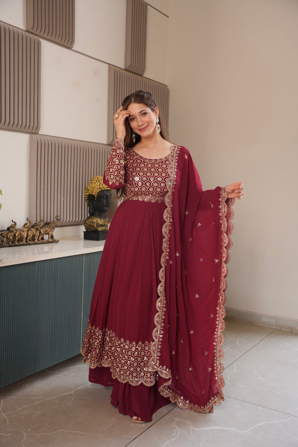 Lorenvalley Fashion Maroon Faux Georgette Embroidery & Sequins Work Anarkali Gown Sharara with Dupatta | Grocsy