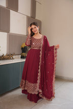 Lorenvalley Fashion Maroon Faux Georgette Embroidery & Sequins Work Anarkali Gown Sharara with Dupatta | Grocsy