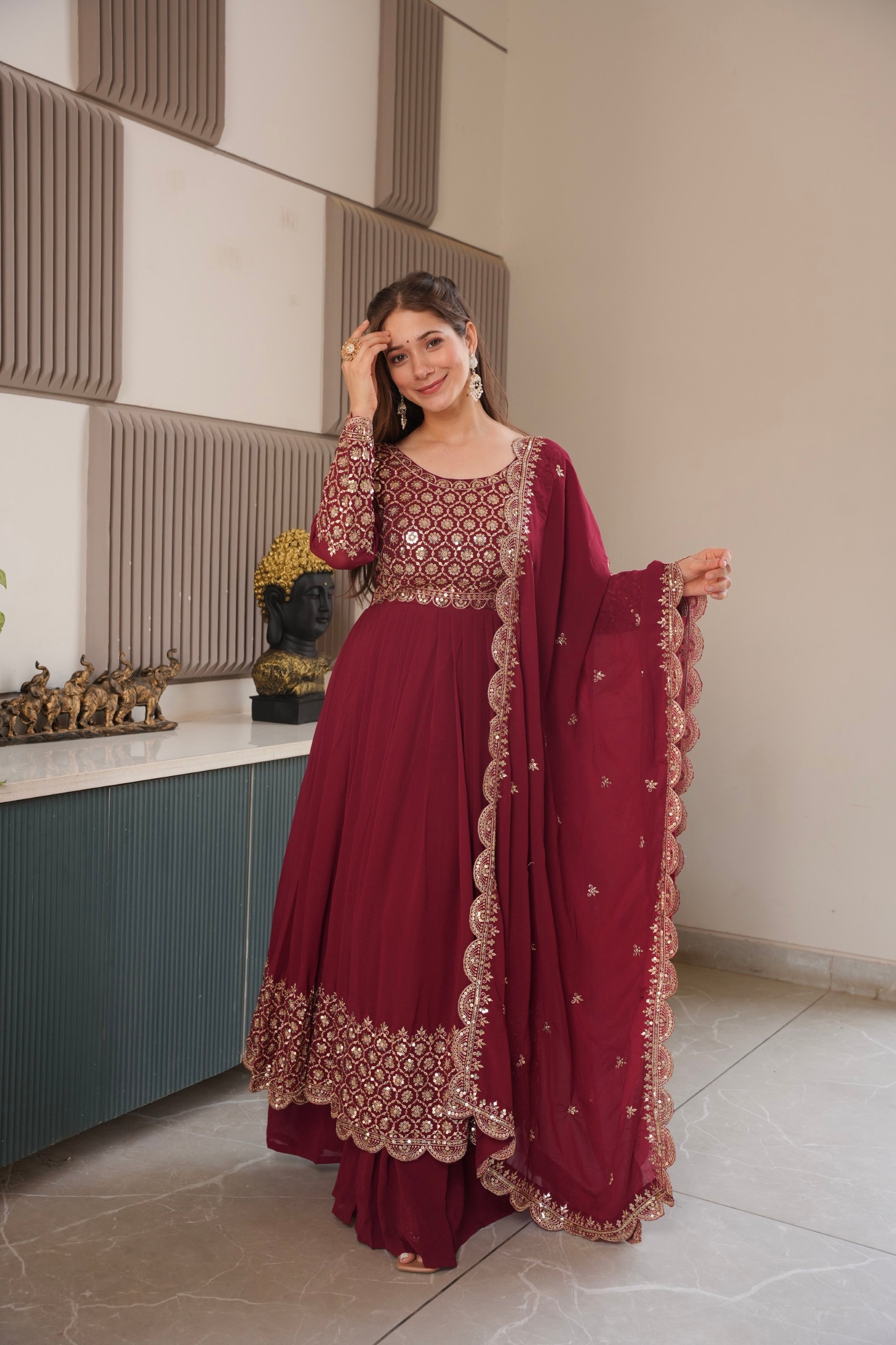 Lorenvalley Fashion Maroon Faux Georgette Embroidery & Sequins Work Anarkali Gown Sharara with Dupatta | Grocsy