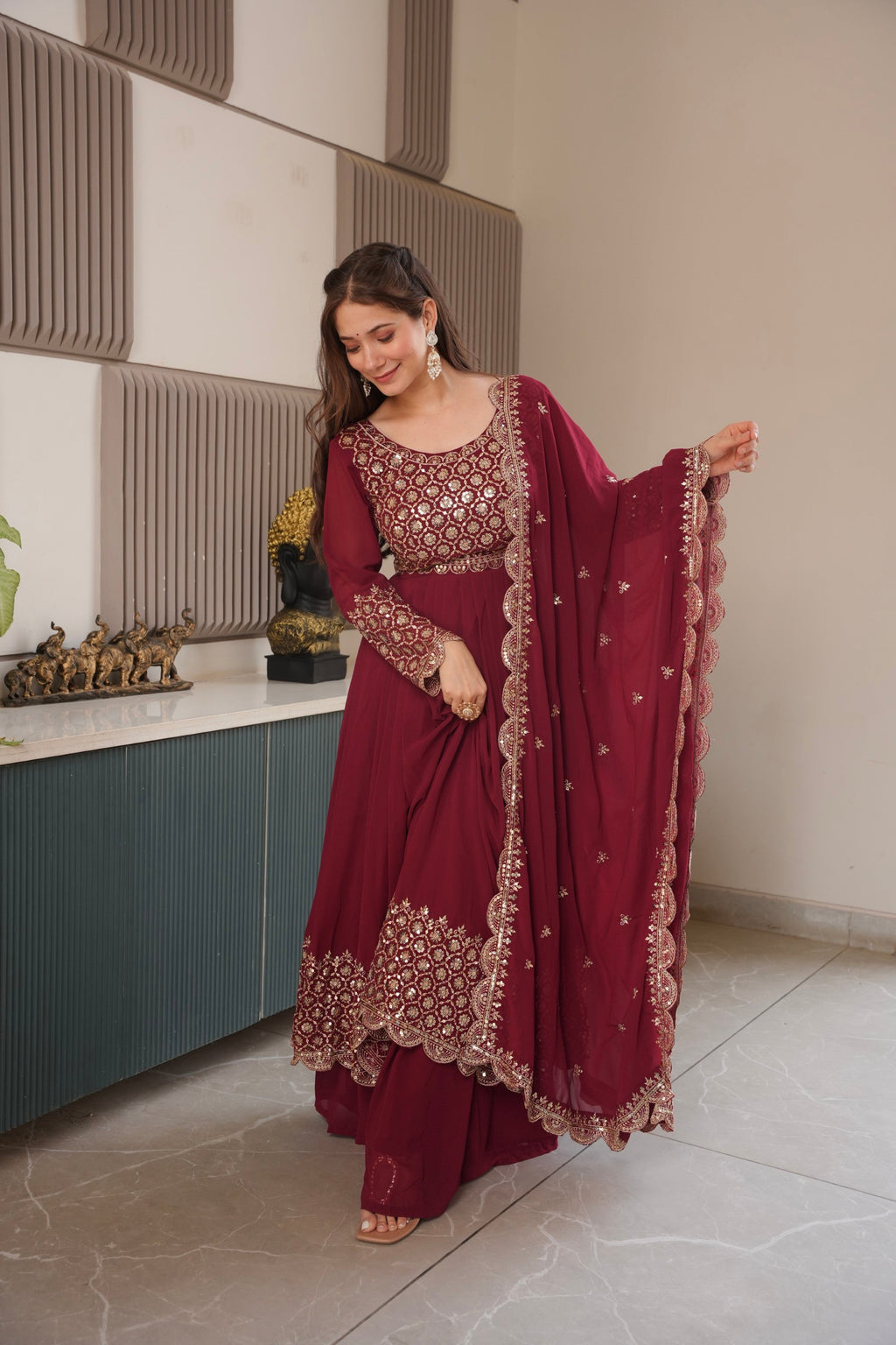 Lorenvalley Fashion Maroon Faux Georgette Embroidery & Sequins Work Anarkali Gown Sharara with Dupatta | Grocsy