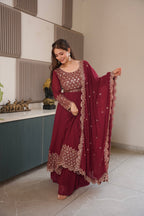 Lorenvalley Fashion Maroon Faux Georgette Embroidery & Sequins Work Anarkali Gown Sharara with Dupatta | Grocsy