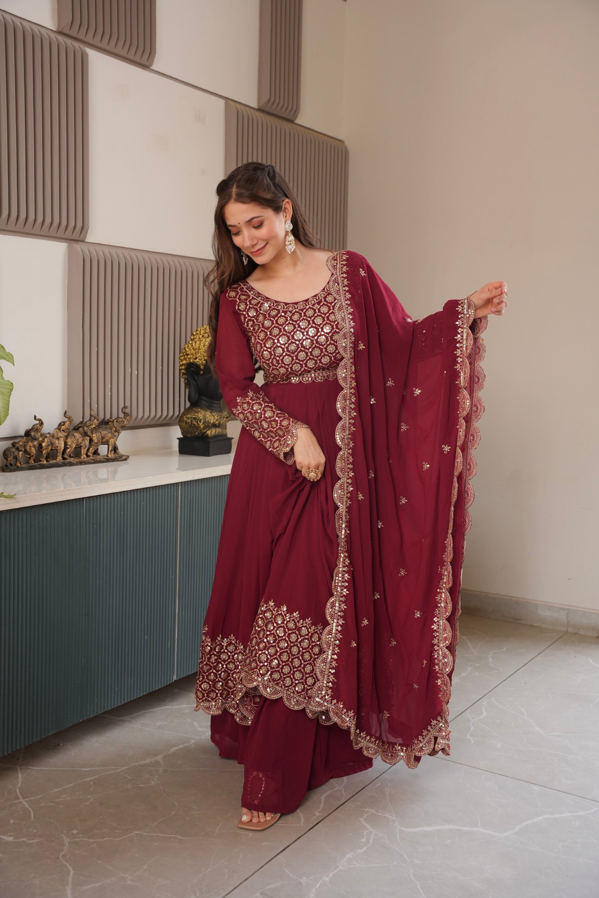 Lorenvalley Fashion Maroon Faux Georgette Embroidery & Sequins Work Anarkali Gown Sharara with Dupatta | Grocsy