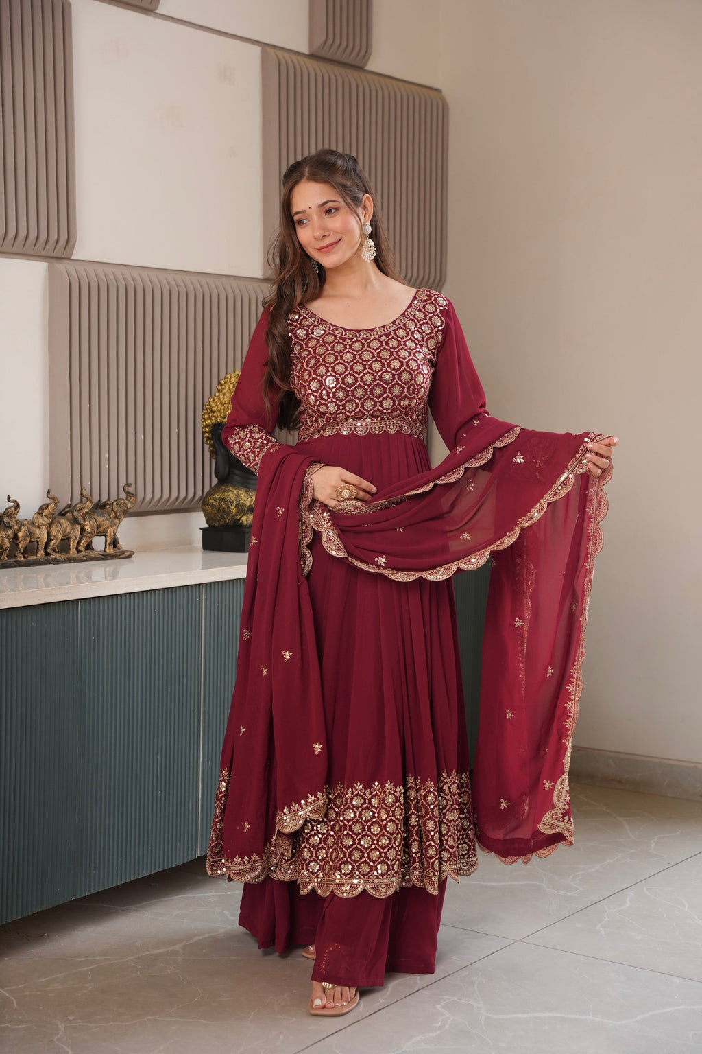 Lorenvalley Fashion Maroon Faux Georgette Embroidery & Sequins Work Anarkali Gown Sharara with Dupatta | Grocsy