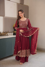 Lorenvalley Fashion Maroon Faux Georgette Embroidery & Sequins Work Anarkali Gown Sharara with Dupatta | Grocsy