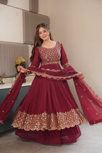Lorenvalley Fashion Maroon Faux Georgette Embroidery & Sequins Work Anarkali Gown Sharara with Dupatta | Grocsy