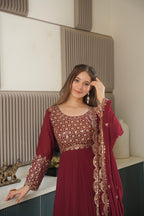 Lorenvalley Fashion Maroon Faux Georgette Embroidery & Sequins Work Anarkali Gown Sharara with Dupatta | Grocsy