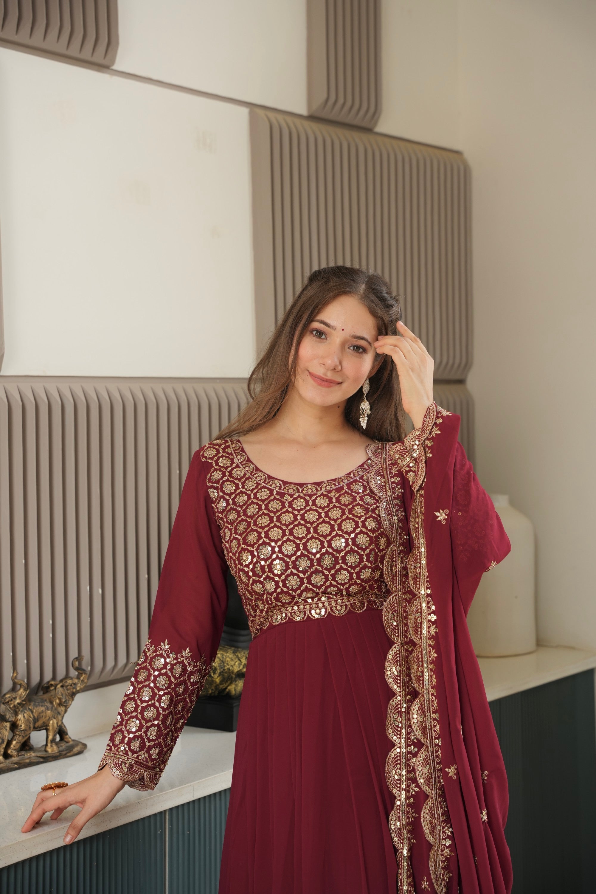 Lorenvalley Fashion Maroon Faux Georgette Embroidery & Sequins Work Anarkali Gown Sharara with Dupatta | Grocsy