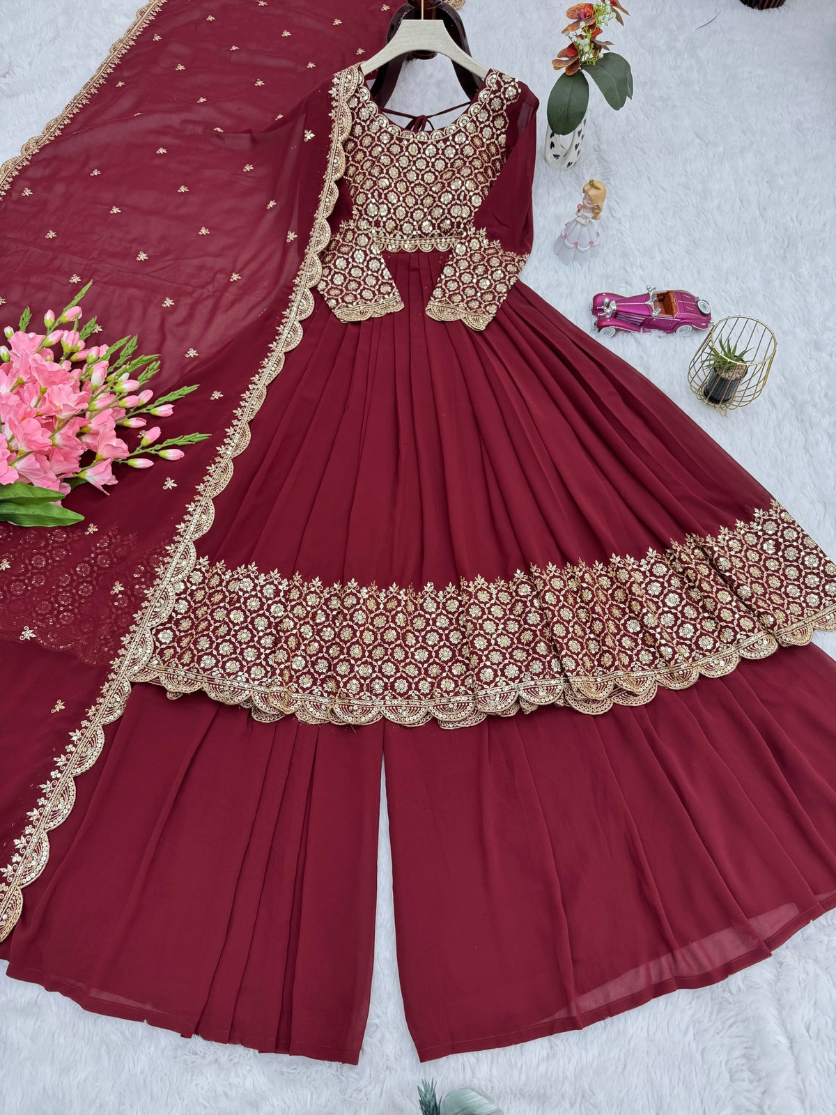 Lorenvalley Fashion Maroon Faux Georgette Embroidery & Sequins Work Anarkali Gown Sharara with Dupatta | Grocsy