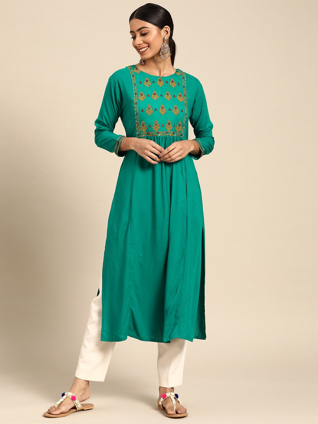 Sangria Women Green Floral Embroidered Mirror Work Kurta | Grocsy