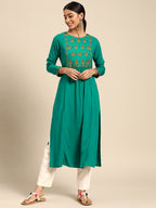 Sangria Women Green Floral Embroidered Mirror Work Kurta | Grocsy