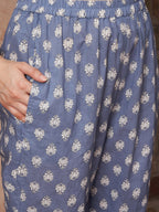 Sangria Blue Printed Thread Work Pure Cotton Empire A-Line Kurta with Trousers & Dupatta | Grocsy