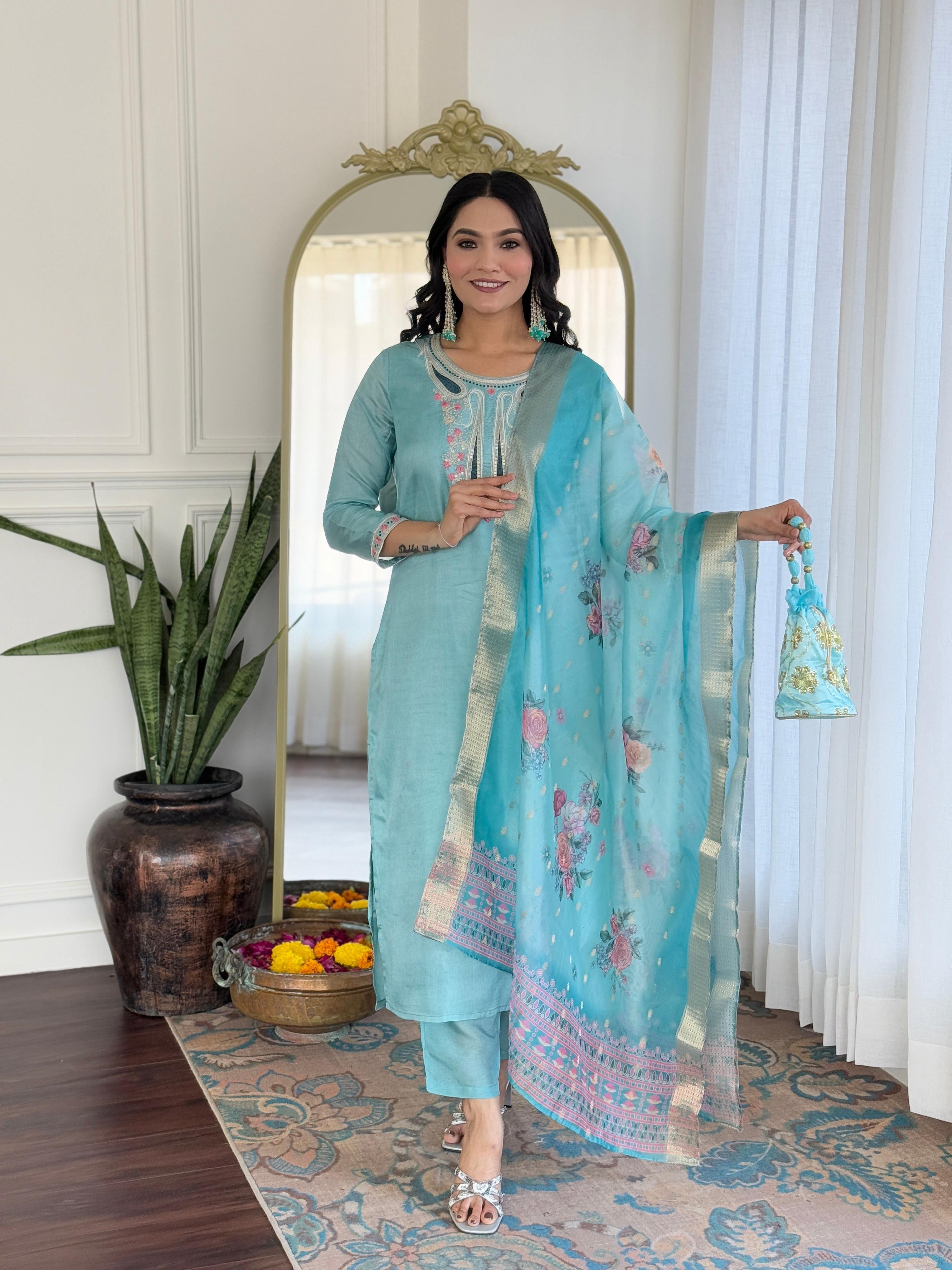 The52 Women's Viscose Embroidery work Straight Kurta with Pant and Dupatta Set | Grocsy