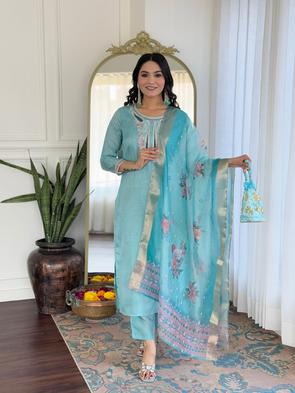 The52 Women's Viscose Embroidery work Straight Kurta with Pant and Dupatta Set | Grocsy