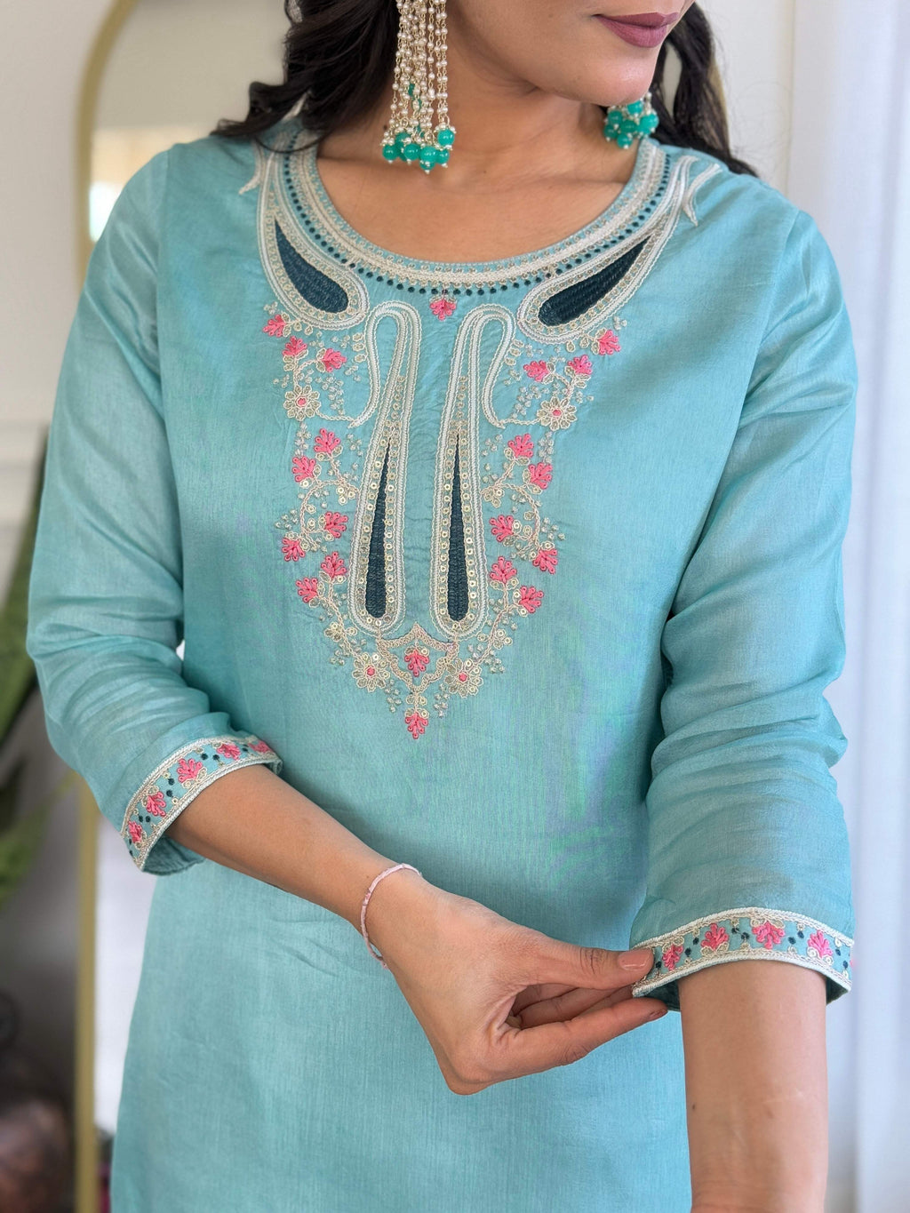 The52 Women's Viscose Embroidery work Straight Kurta with Pant and Dupatta Set | Grocsy
